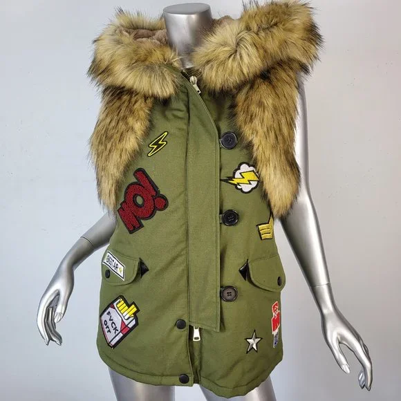NWOT~$545~KINGSTAR~S/M~ARMY GREEN HOODED FAUX FOX RACCOON FUR PATCHES VEST COAT